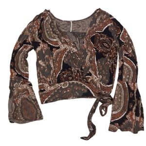 Free People Paisley Brown Fiona Sleeve Plunge Neck Blouse Size Medium Boho Chic
